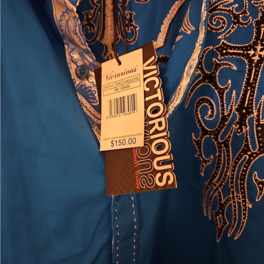 Elegant Blue Embroidered Men's Shirt - Picture 2 of 5